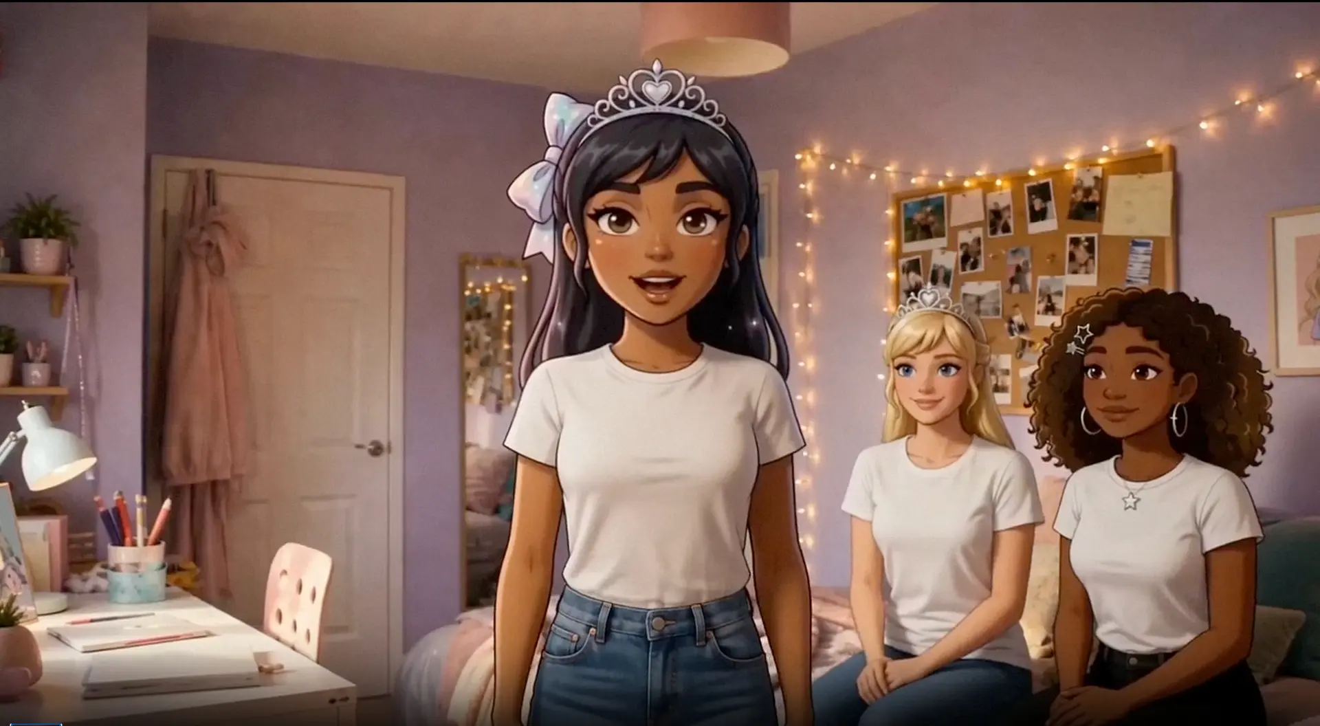 Princess standing and talking while two friends listen