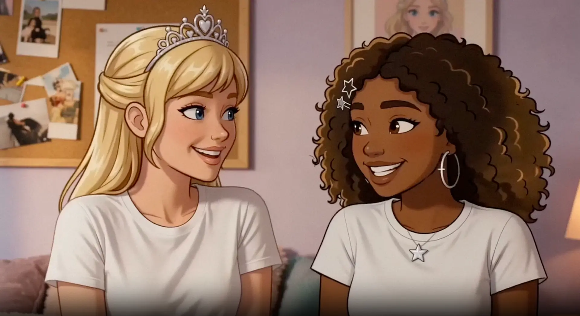 Two princesses laughing together by a photo board