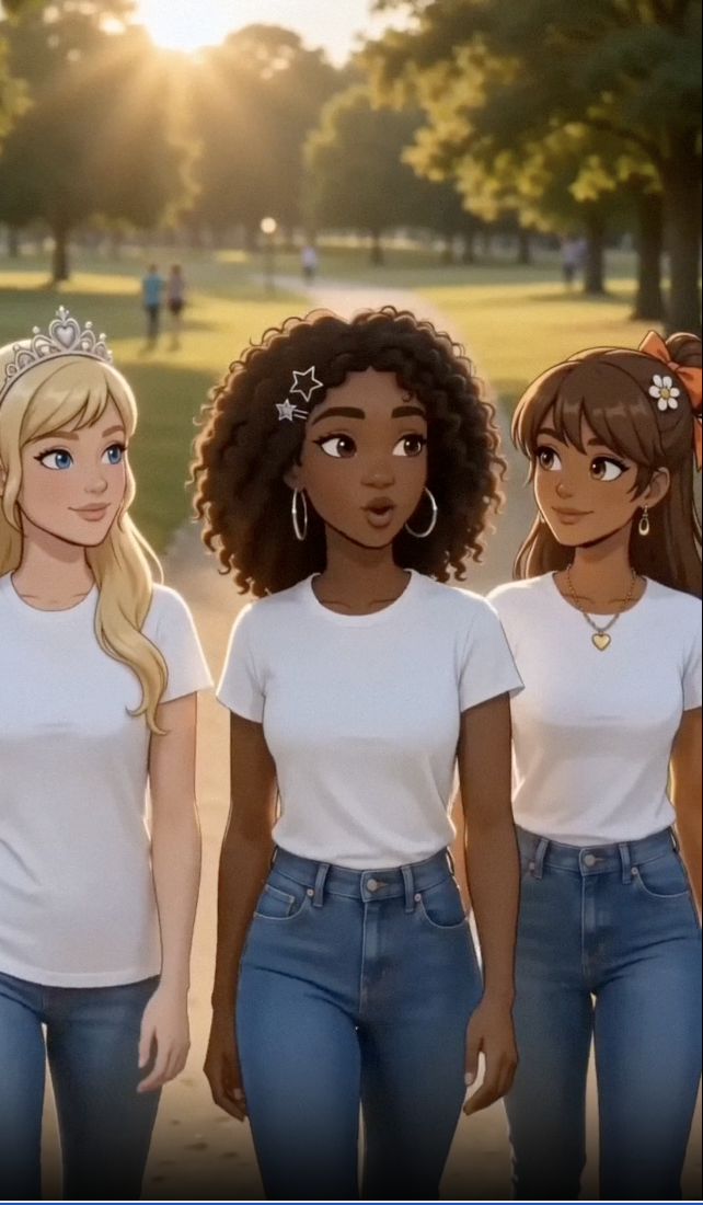 Three princesses walking through a sunlit park