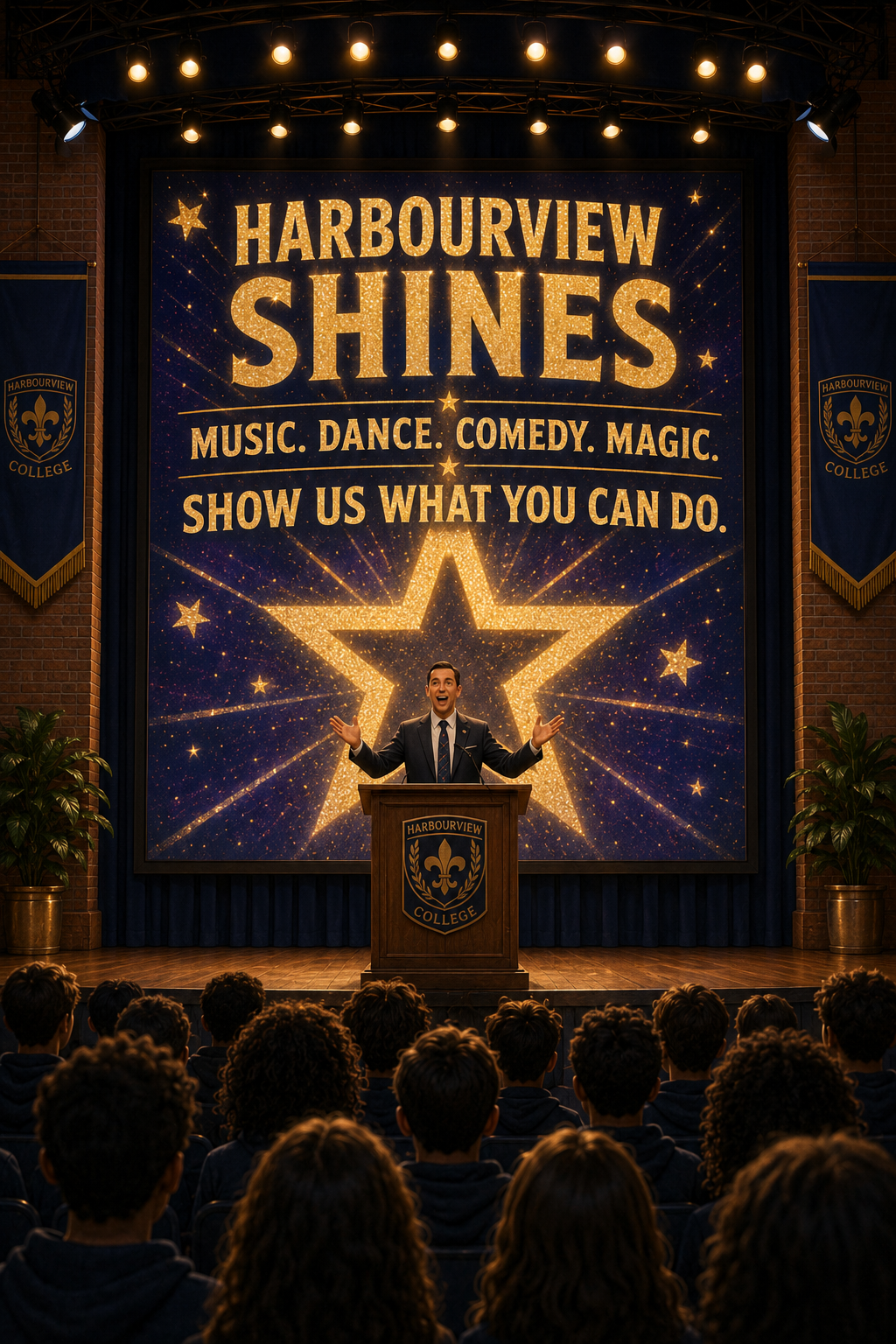Mr Russell announces the Harbourview Shines showcase: music, dance, comedy, magic.