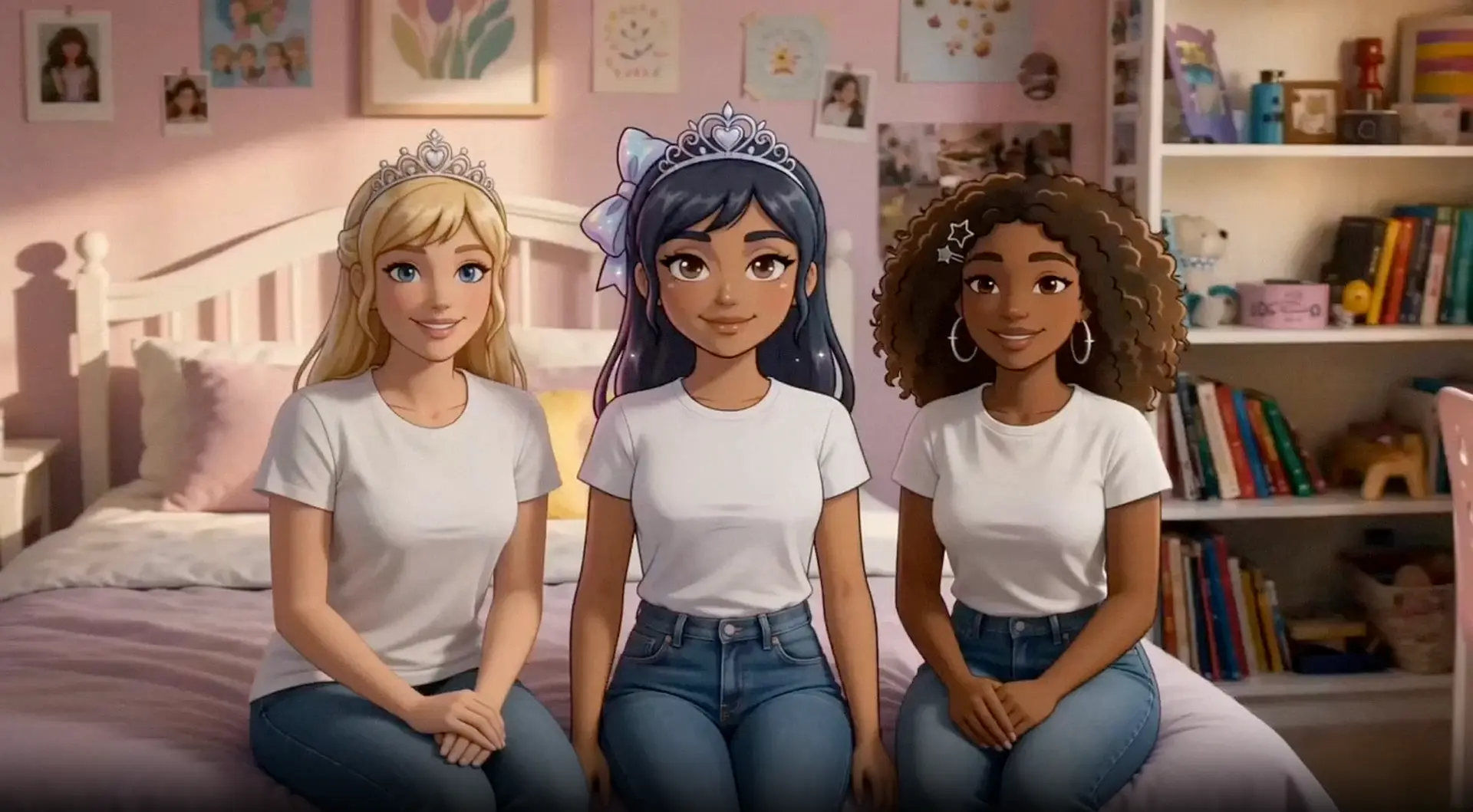 Three princesses sitting together on a bed