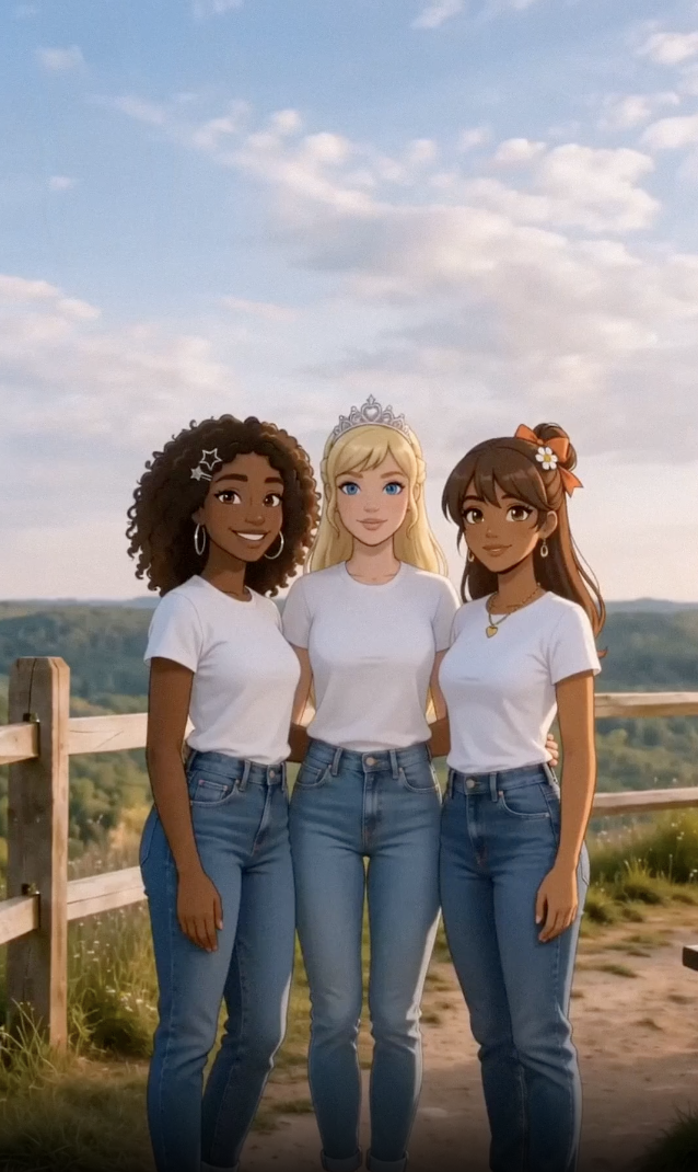 Three princesses together at a lookout