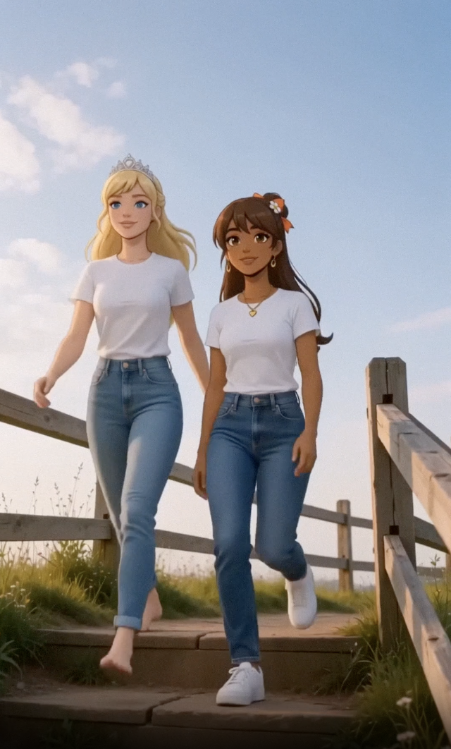 Two princesses walking up steps by a country fence