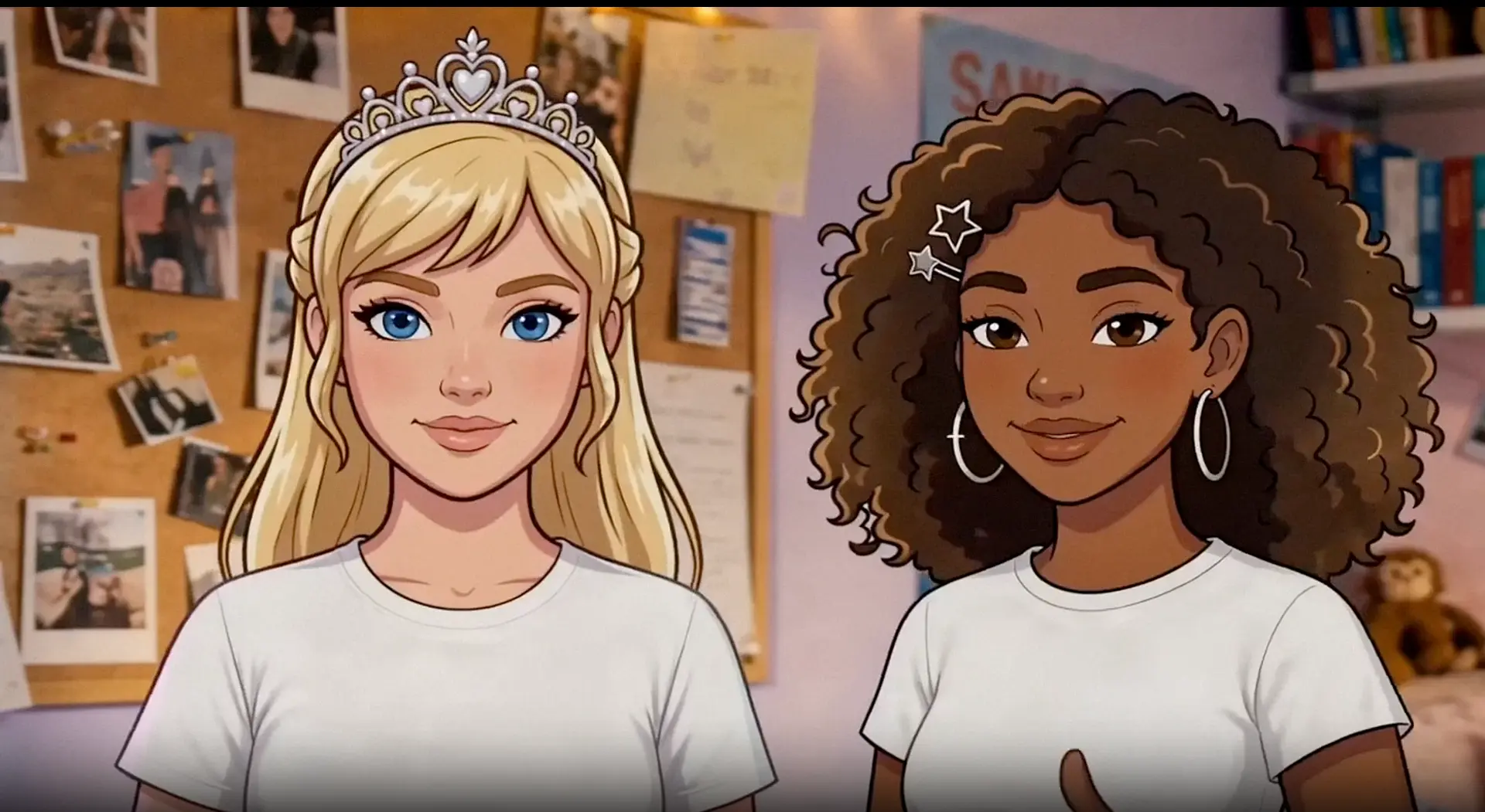 Two princesses posing side by side in a bedroom