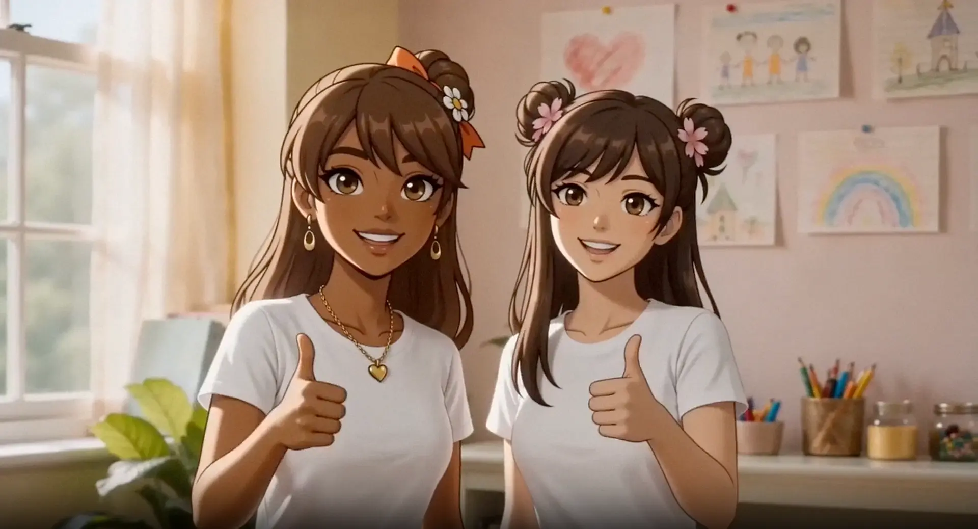 Two princesses giving a thumbs up in a bright bedroom