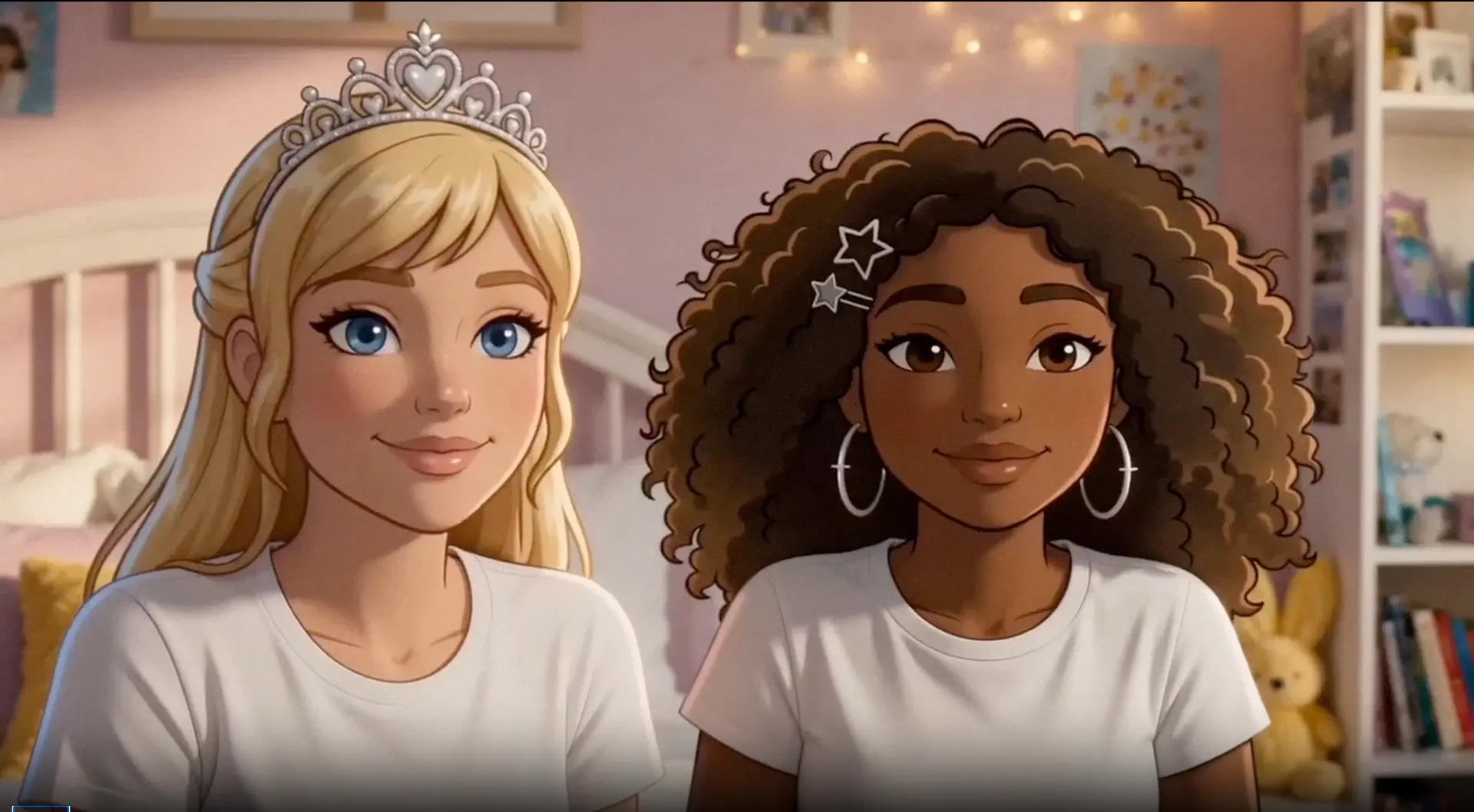 Two princesses smiling at the camera in a pastel bedroom