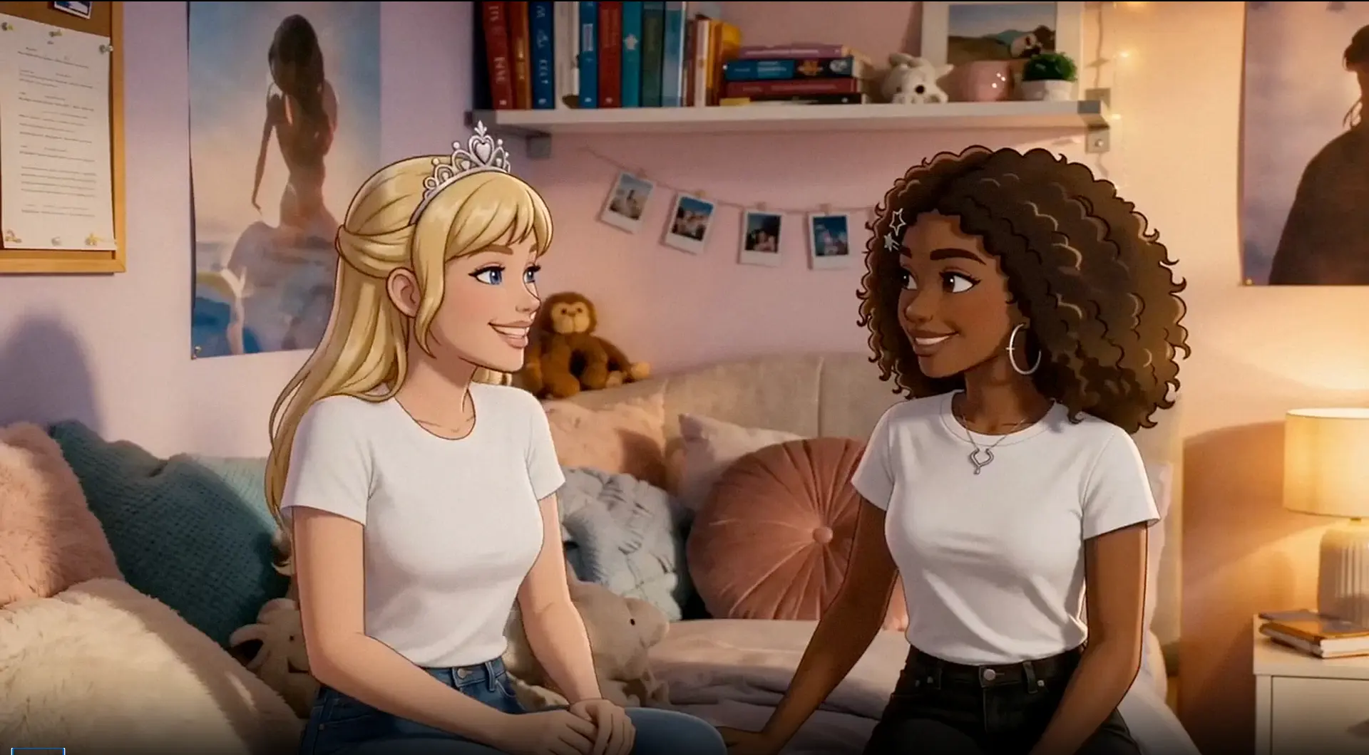 Two princesses chatting on the bed in a cosy pink bedroom