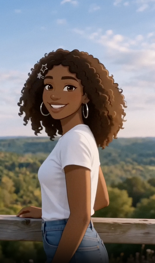 Princess smiling beside a fence with rolling hills behind